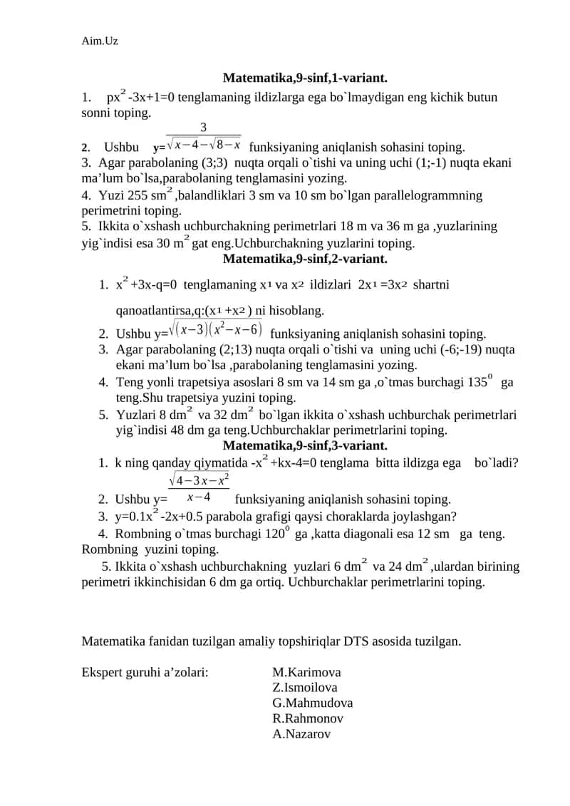 Matematika, 9-sinf, 1-variant 1