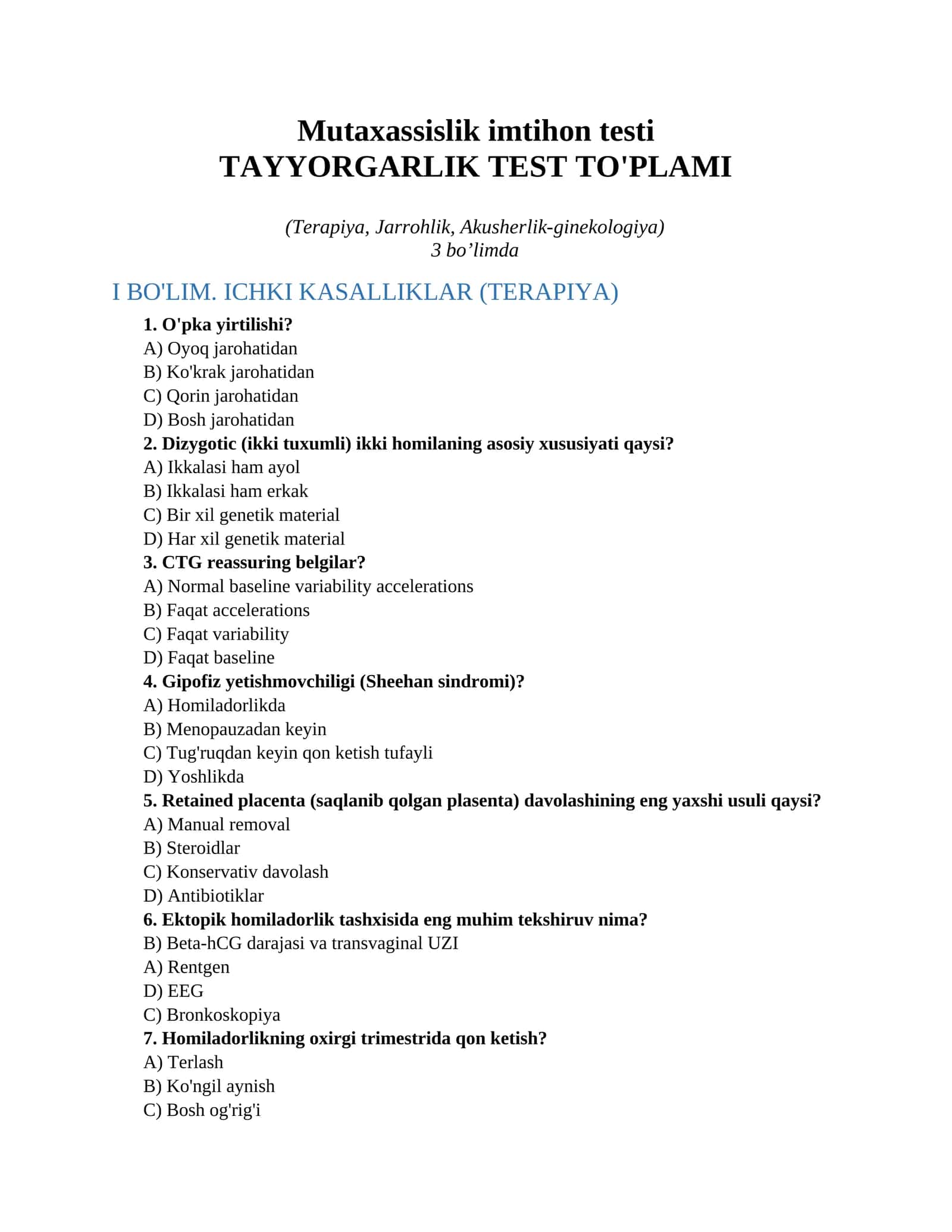 Mutaxassislik imtihon testi 1