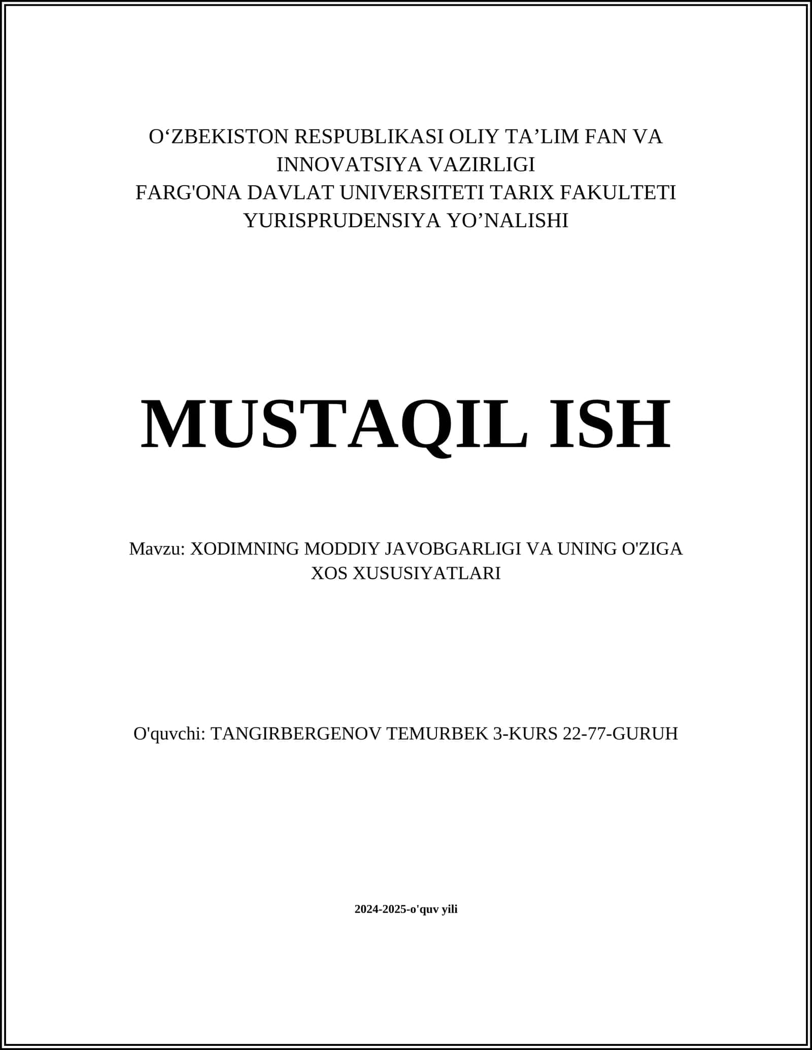 XODIMNING MODDIY JAVOBGARLIGI VA UNING O'ZIGA XOS XUSUSIYATLARI 1