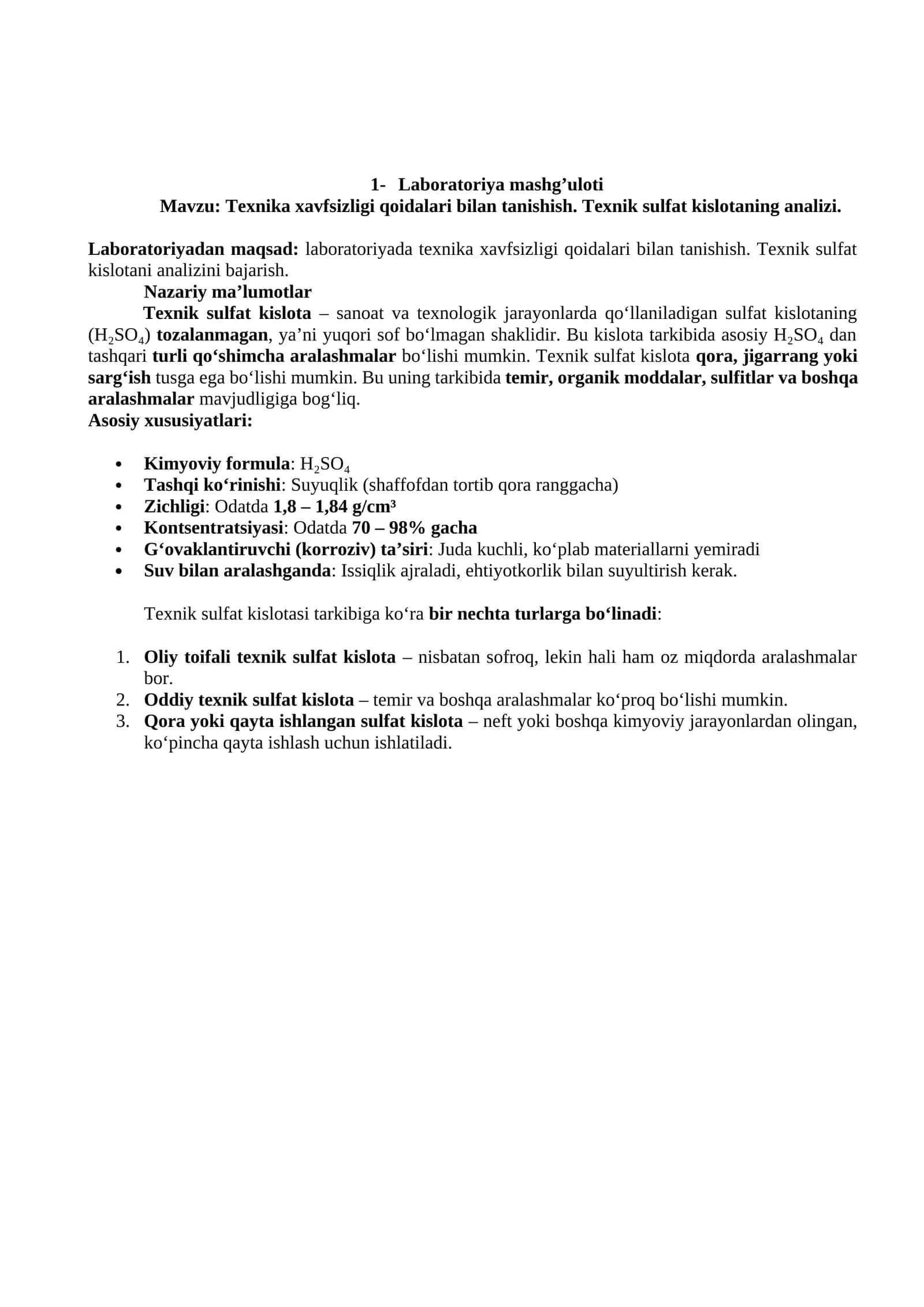 Tanishish bilan laboratoriyada texnika xavfsizligi qoidalari va texnik sulfat kislotaning analizini 1