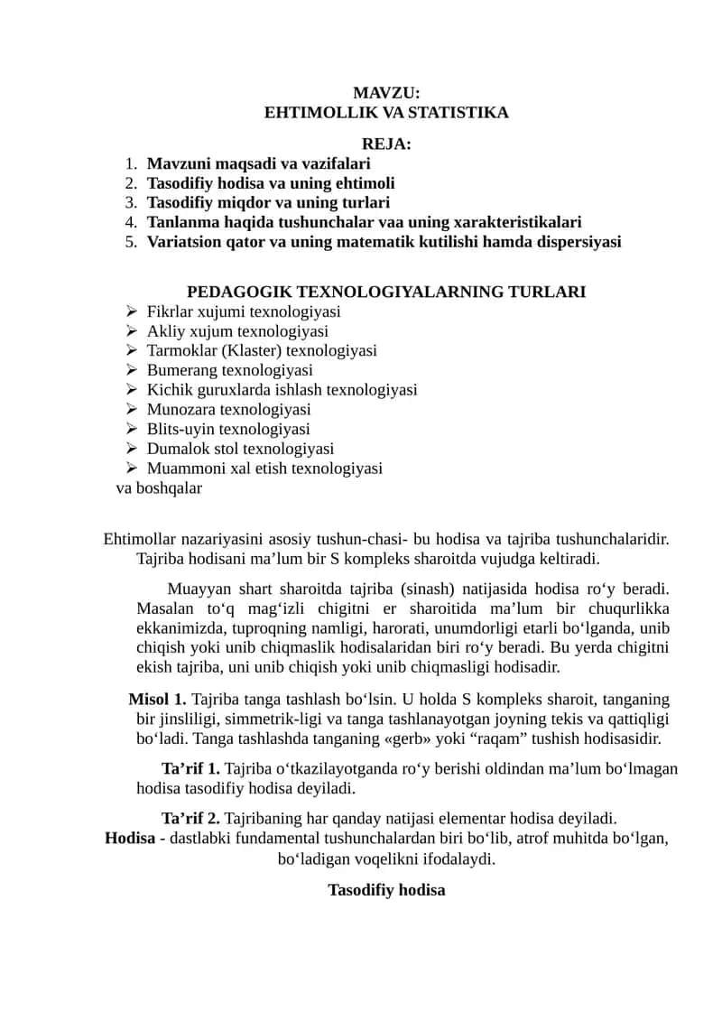 EHTIMOLLIK VA STATISTIKA 1