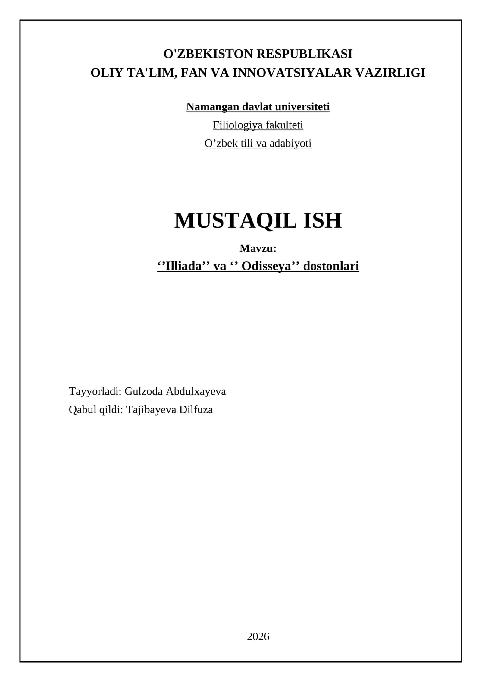 ‘’Illiada’’ va ‘’ Odisseya’’ dostonlari 1