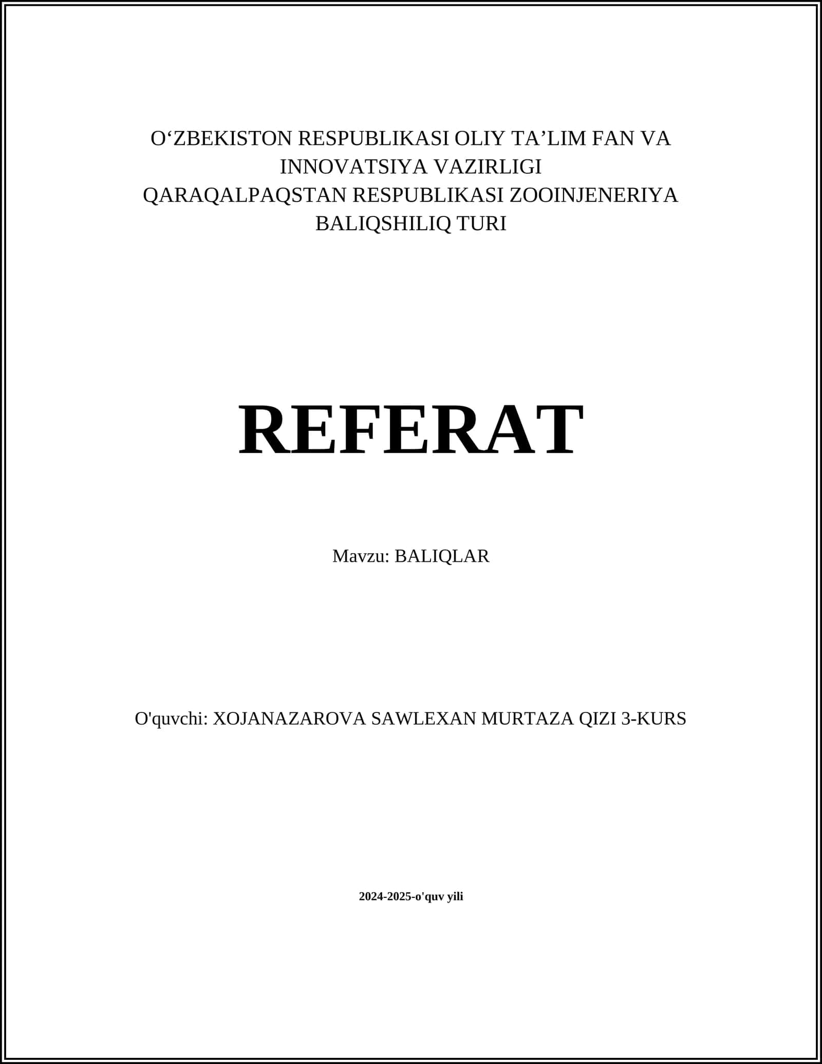 REFERAT Mavzu: BALIQLAR 1