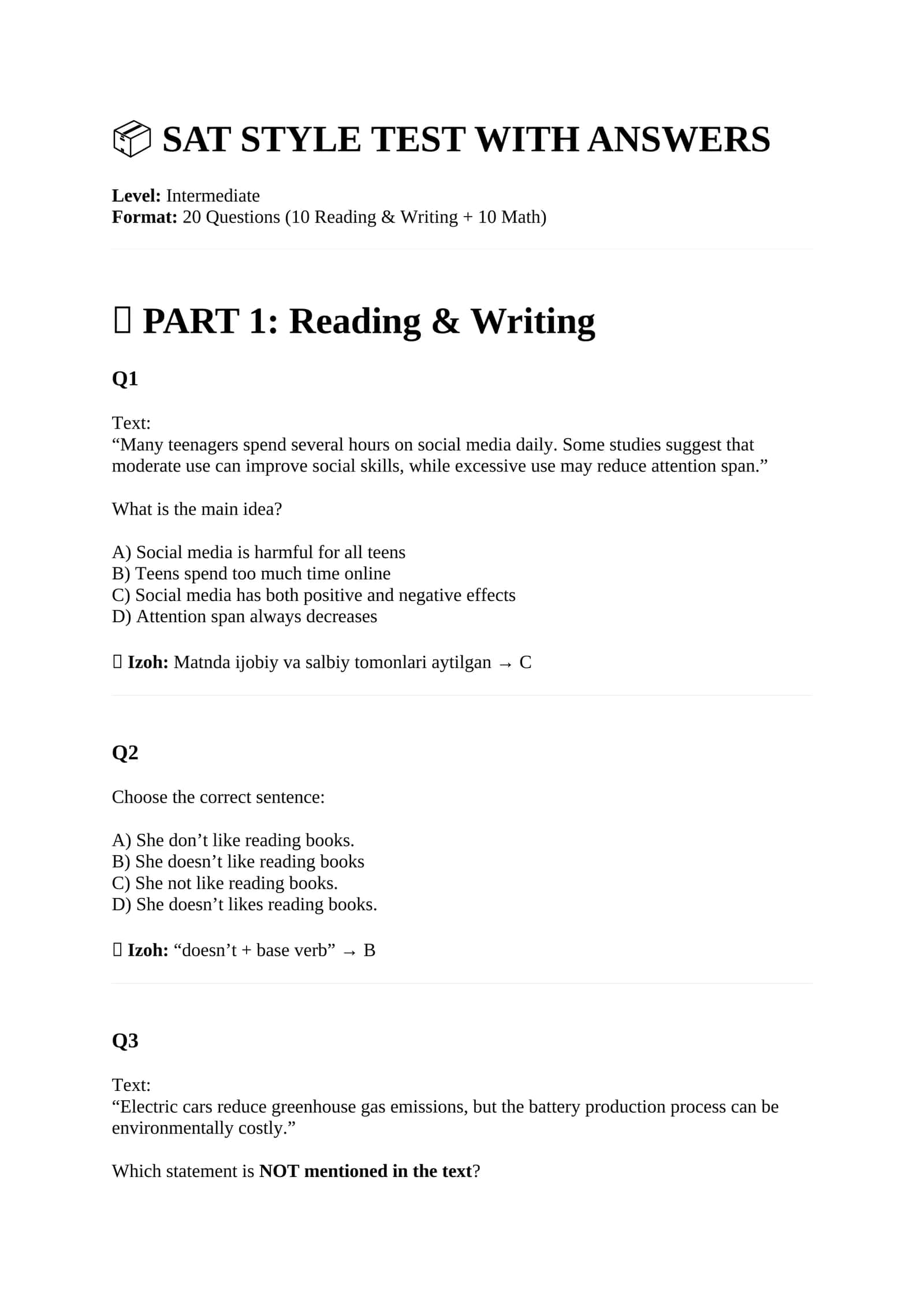 SAT STYLE TEST WITH ANSWERS 1