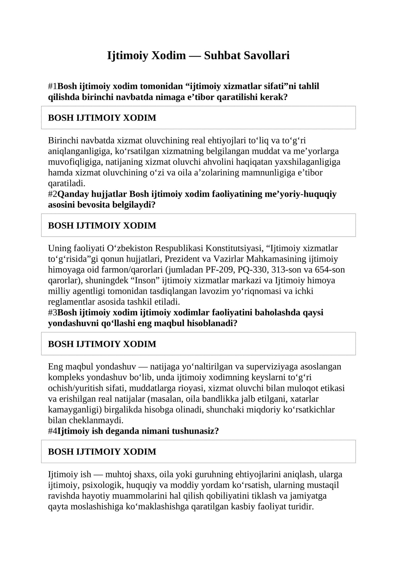Ijtimoiy Xodim — Suhbat Savollari 1