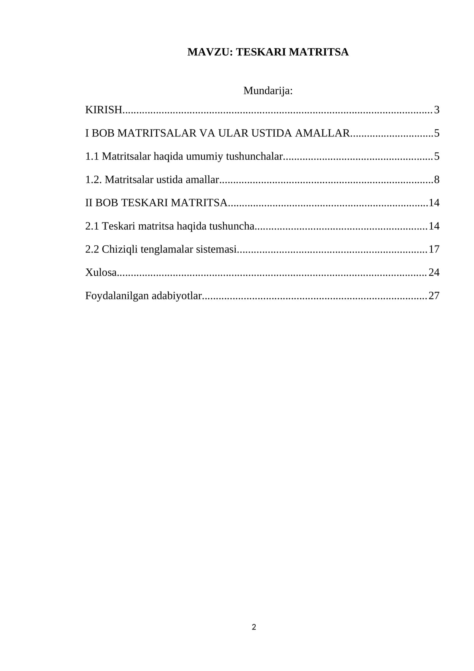 TESKARI MATRITSA 1