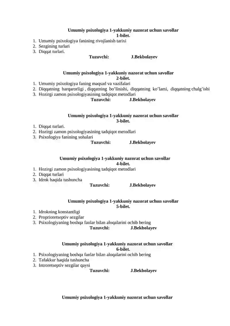 Umumiy psixologiya 1-yakkuniy nazorat uchun savollar