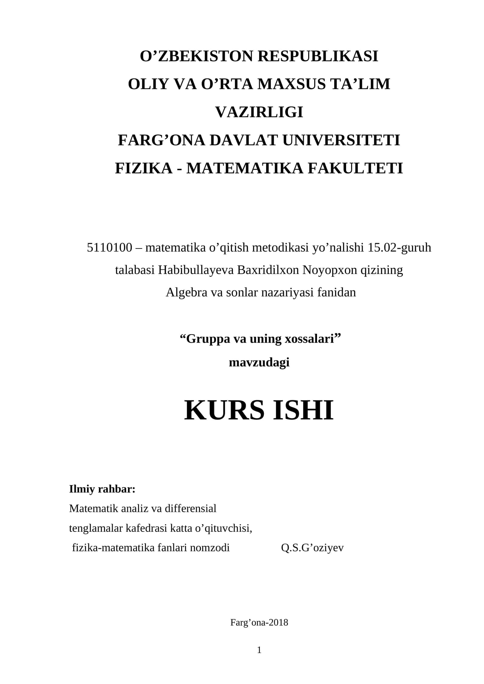 Mavzu: Gruppa va uning xossalari 1