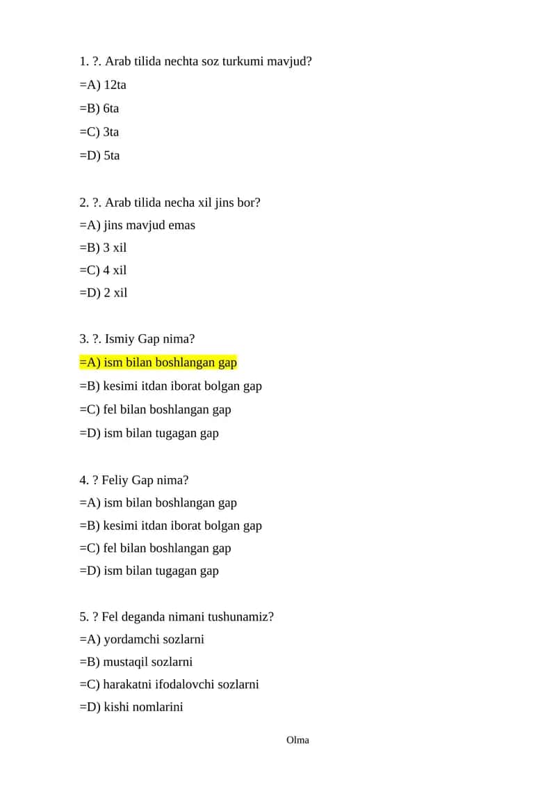 Arab tili savollari va javoblari 1