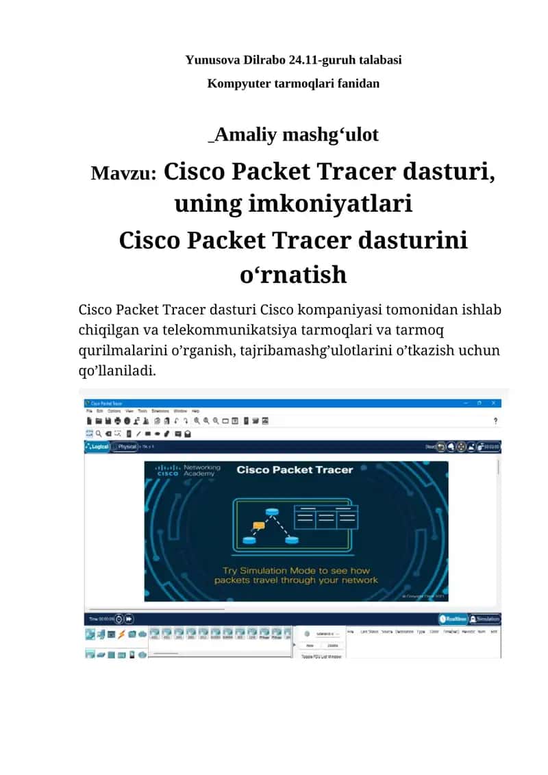 Cisco Packet Tracer dasturi, uning imkoniyatlari 1