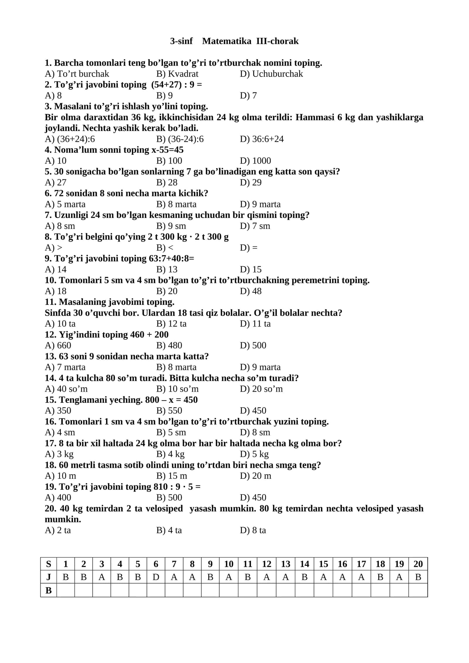 Matematika choraklik testlar 2-3-5-7 sinflar uchun 1