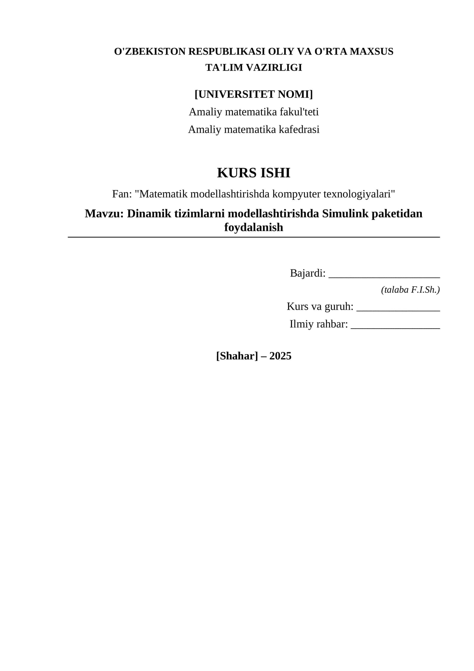 Dinamik tizimlarni modellashtirishda Simulink paketidan foydalanish 1