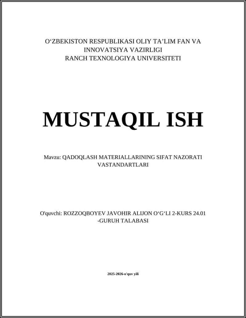 QADOQLASH MATERIALLARINING SIFAT NAZORATI VASTANDARTLARI 1