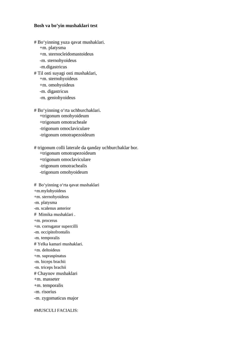Bosh va bo’yin mushaklari test 1