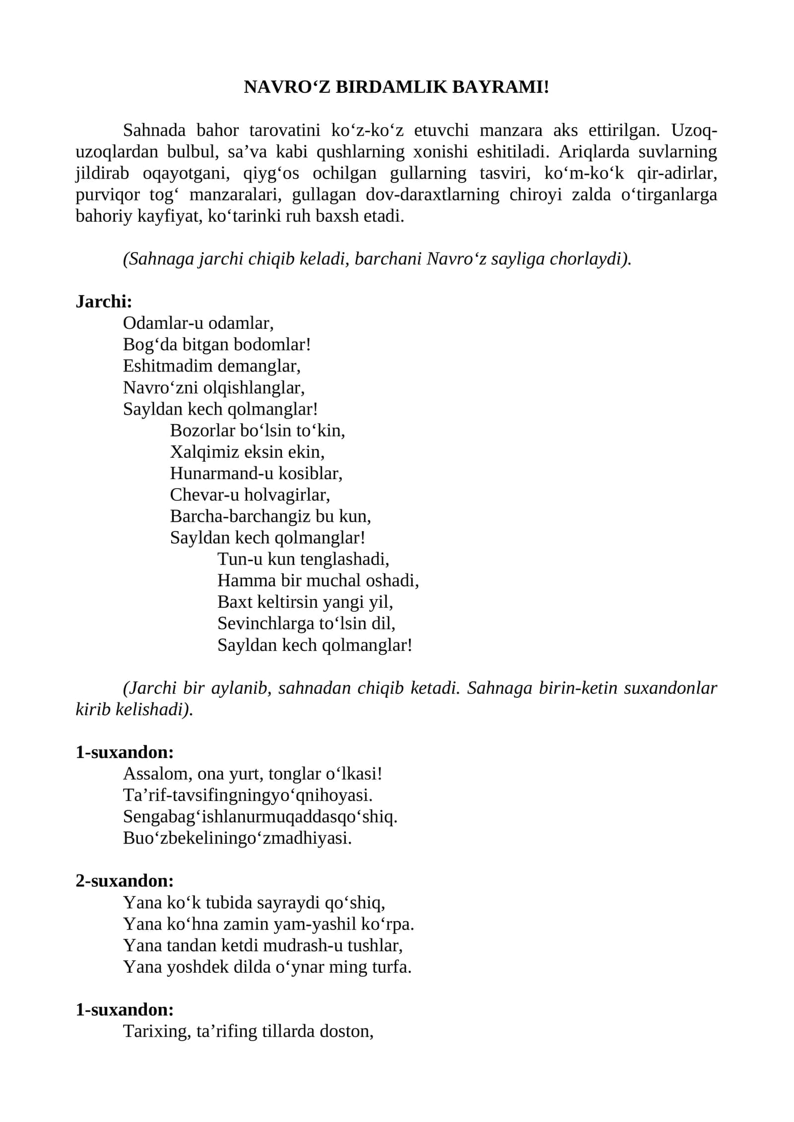 NAVRO‘Z BIRDAMLIK BAYRAMI senariysi 1