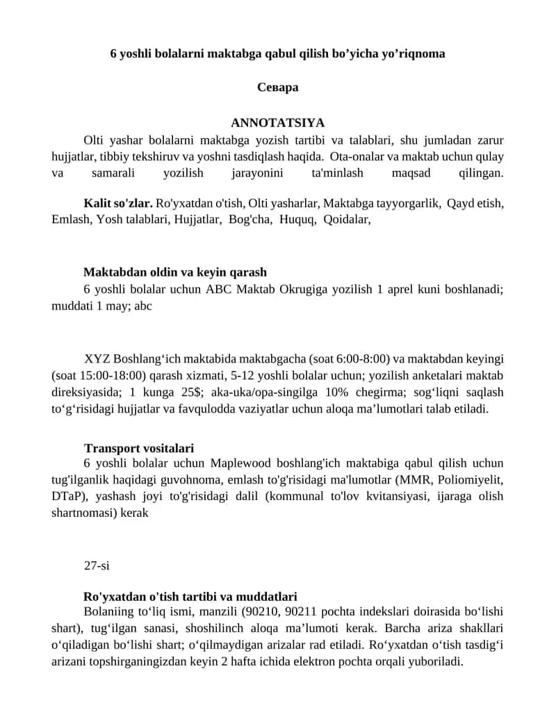 6 yoshli bolalarni maktabga qabul qilish bo’yicha yo’riqnoma 1
