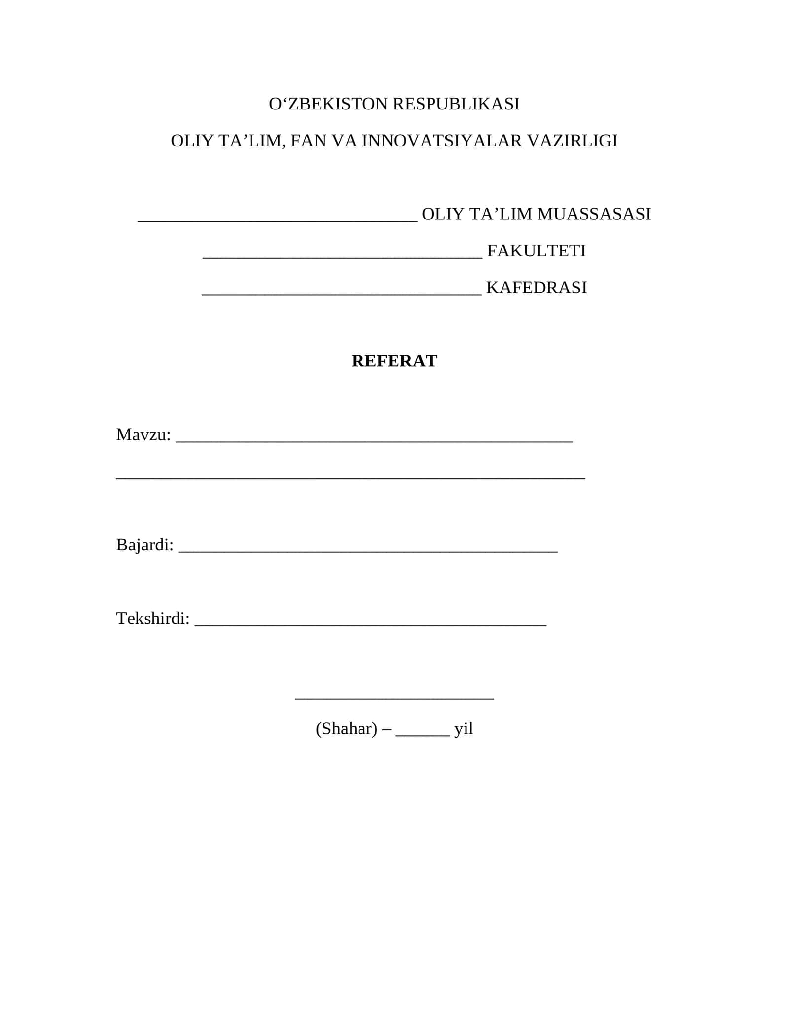 Referat titul varaqa (GOST) – Word (.docx) muqova shabloni 1