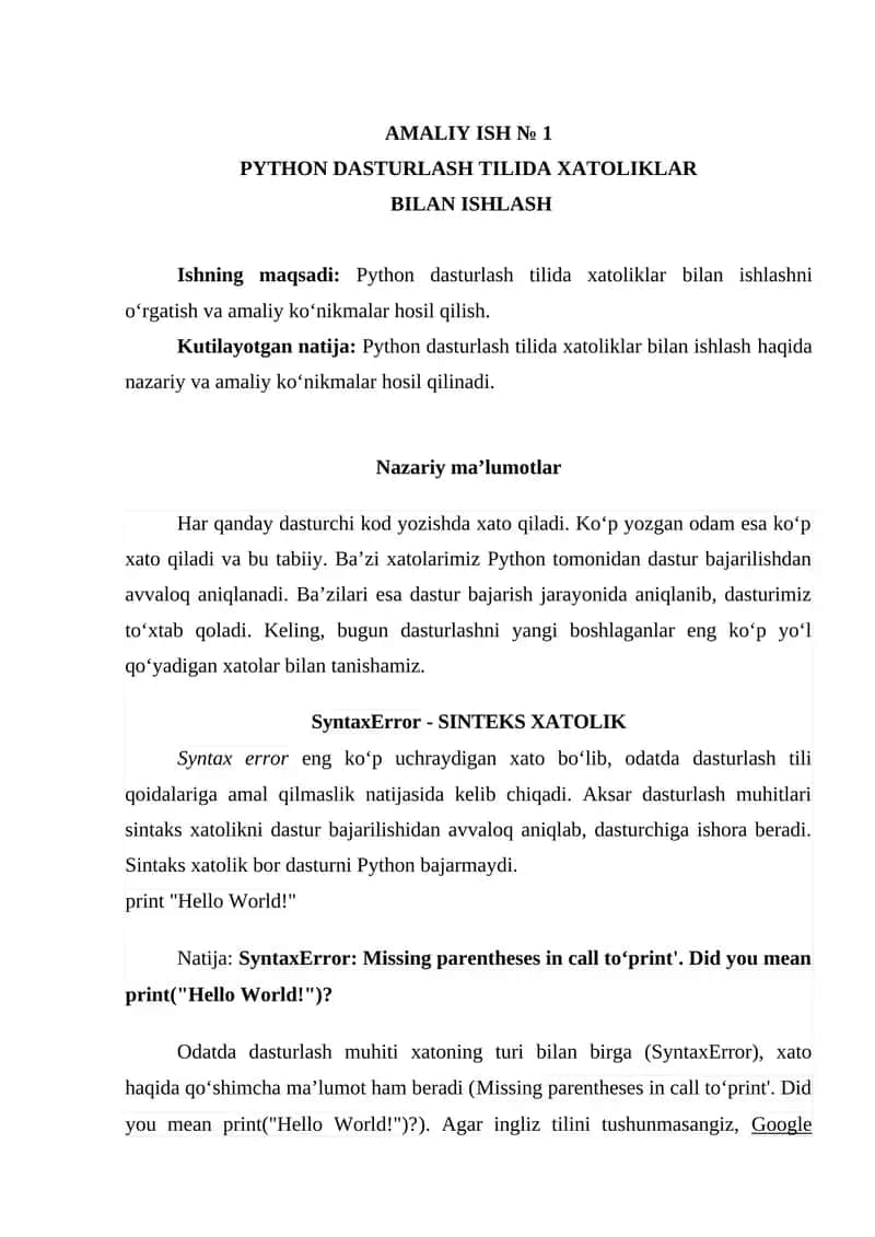 PYTHON DASTURLASH TILIDA XATOLIKLAR BILAN ISHLASH 1