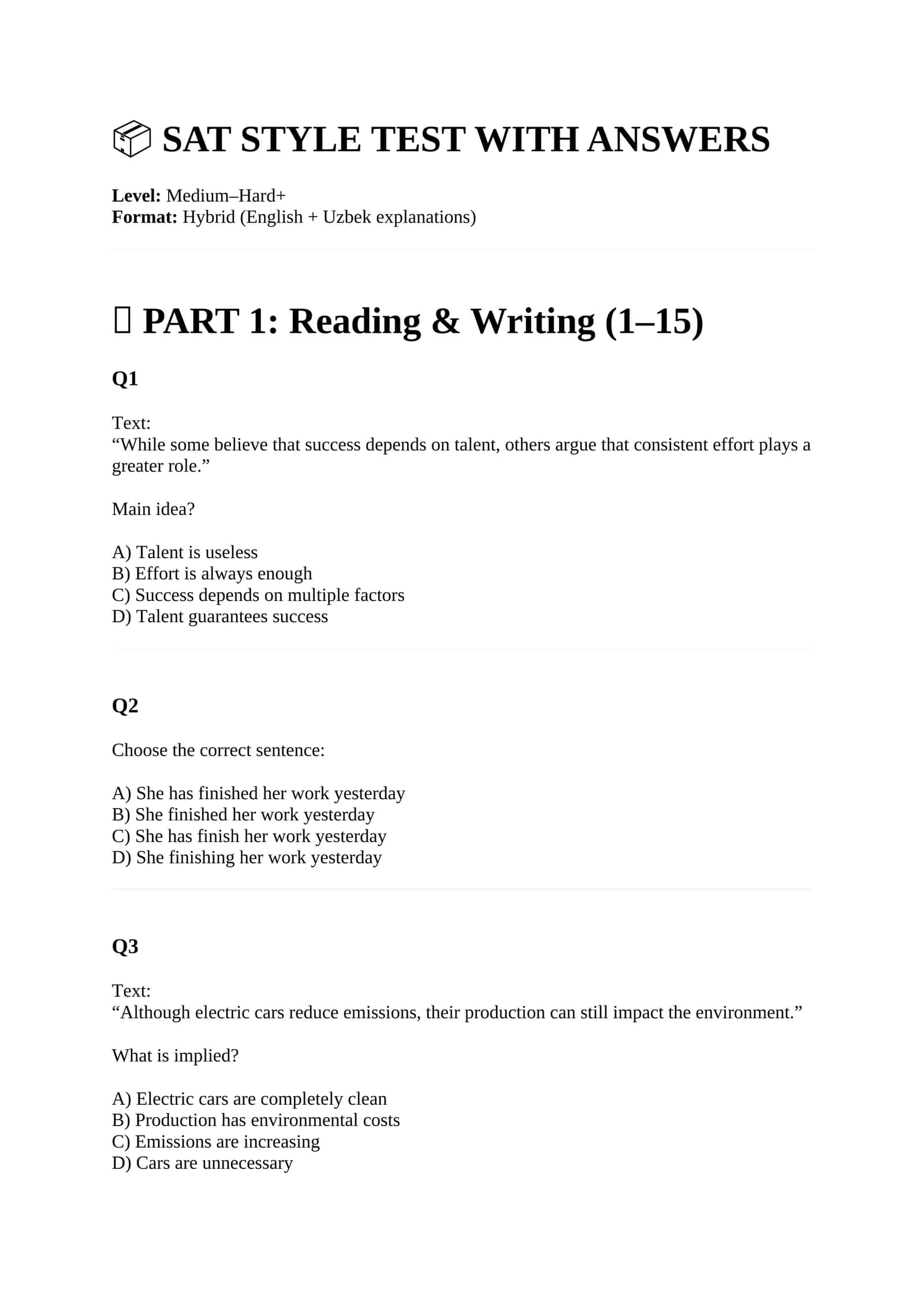 SAT STYLE TEST WITH ANSWERS 1