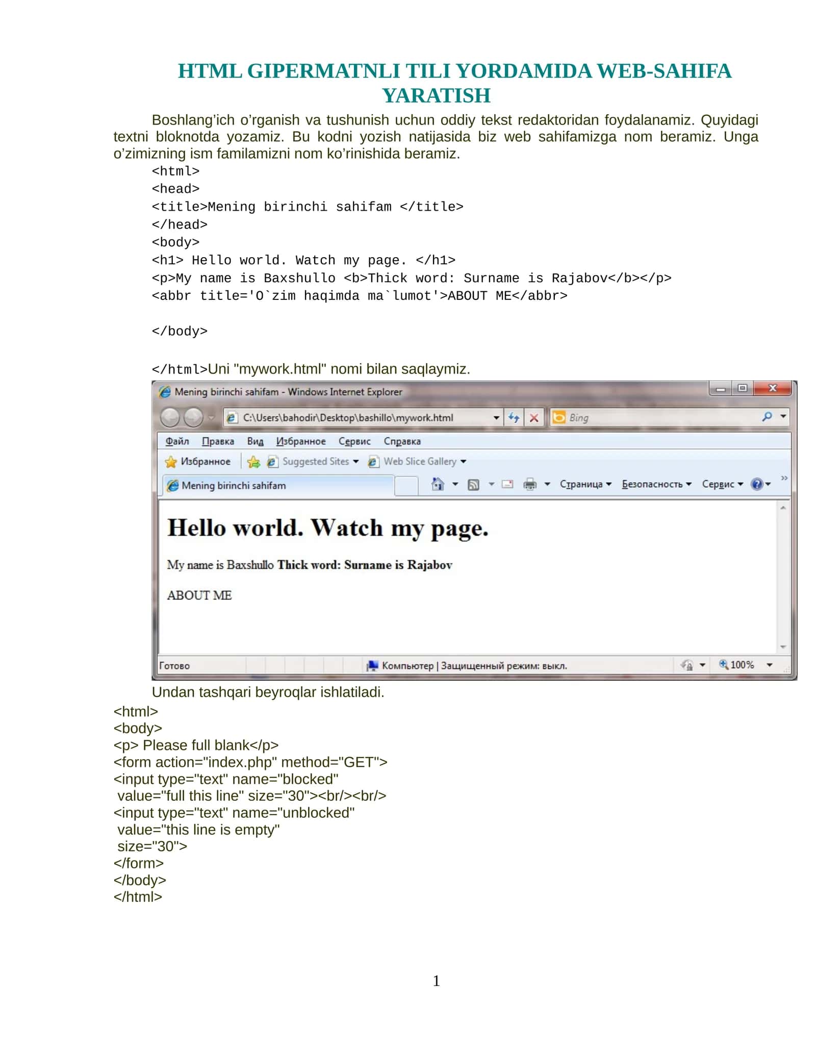 HTML gipermatnli tili yordamida web-sahifa yaratish 1