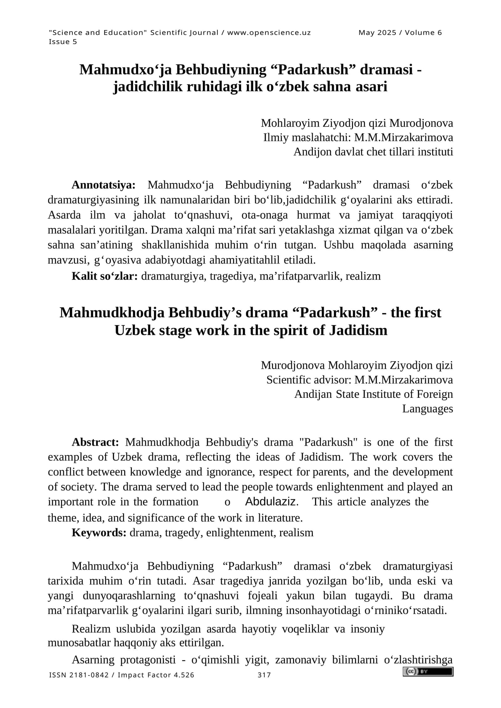 Mahmudxo‘ja Behbudiyning “Padarkush” dramasi 1