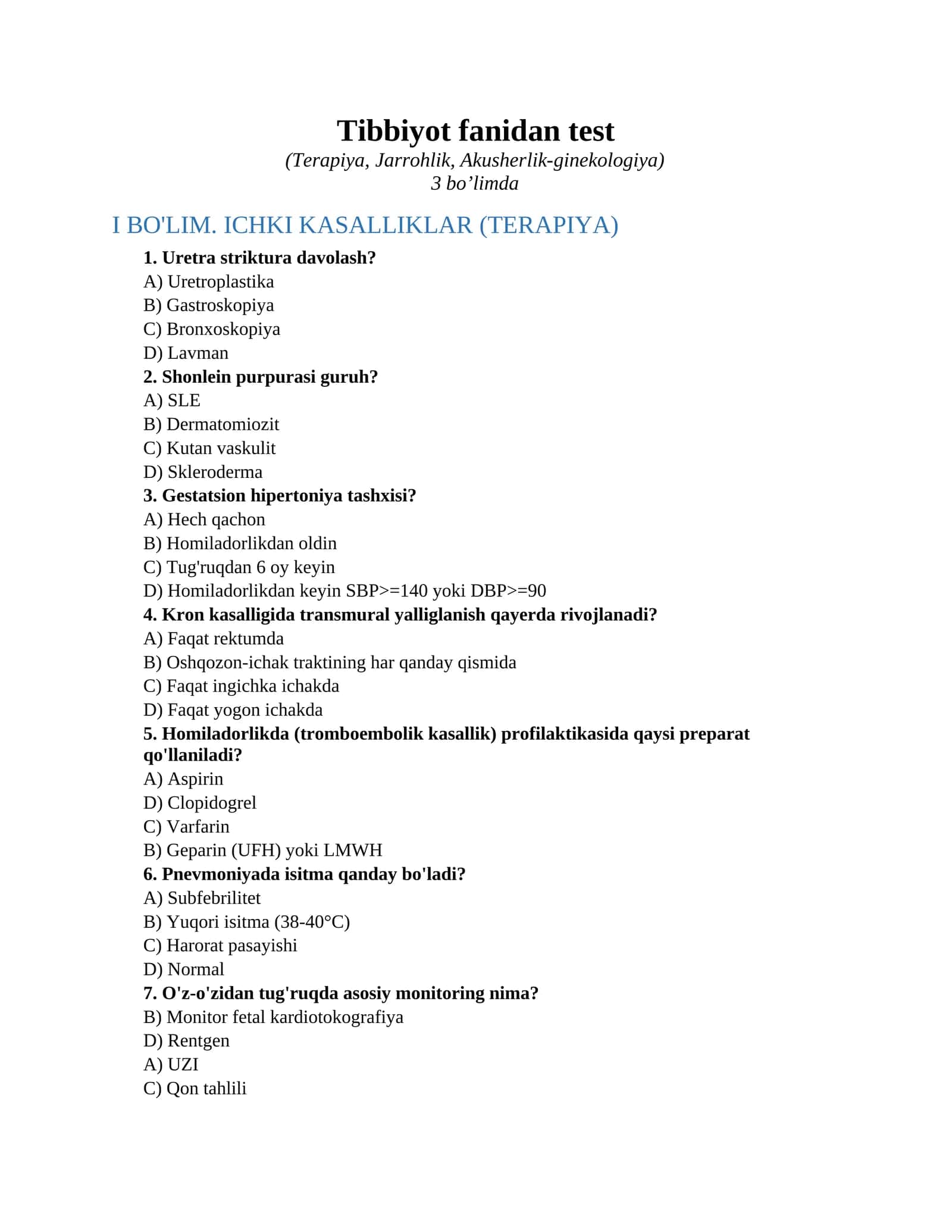 Tibbiyot fanidan test 1