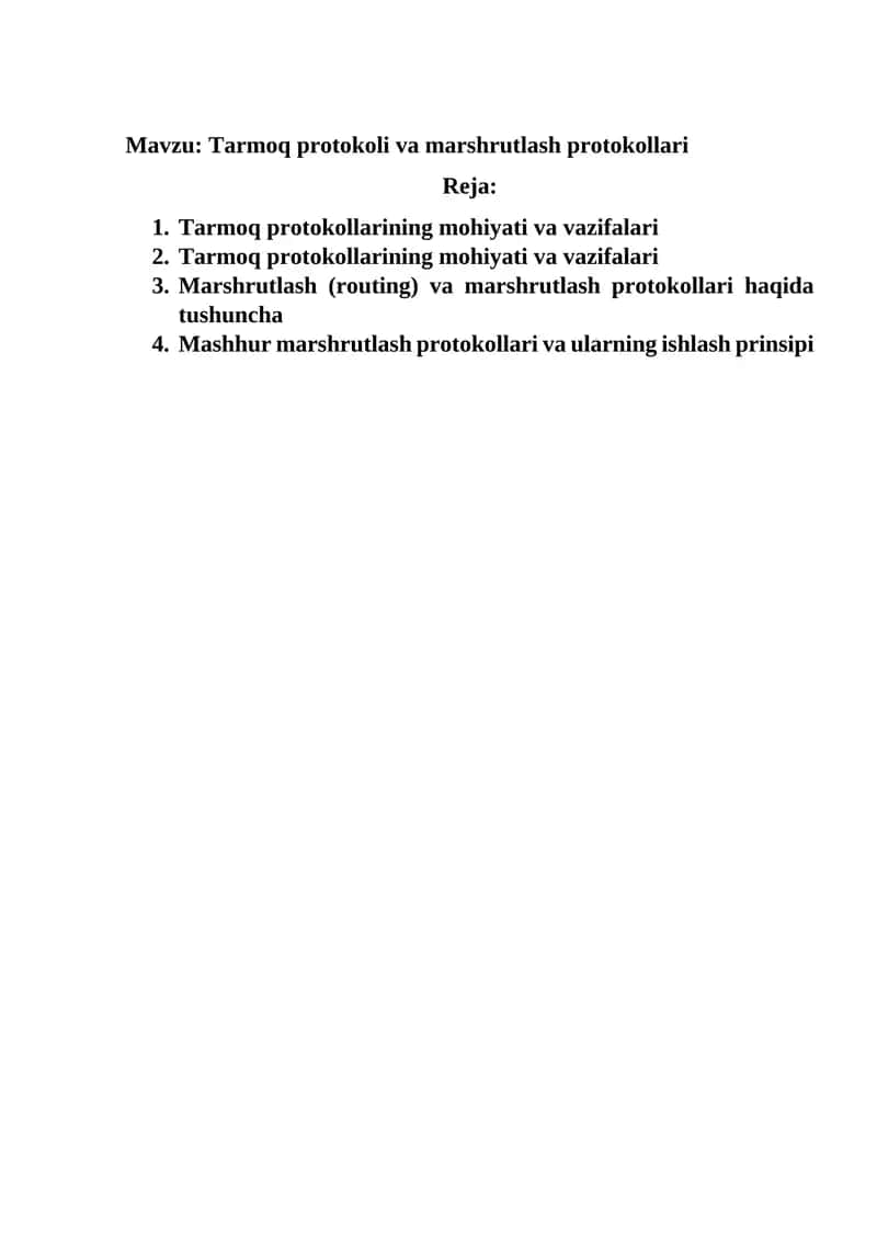 Tarmoq protokoli va marshrutlash protokollari 1