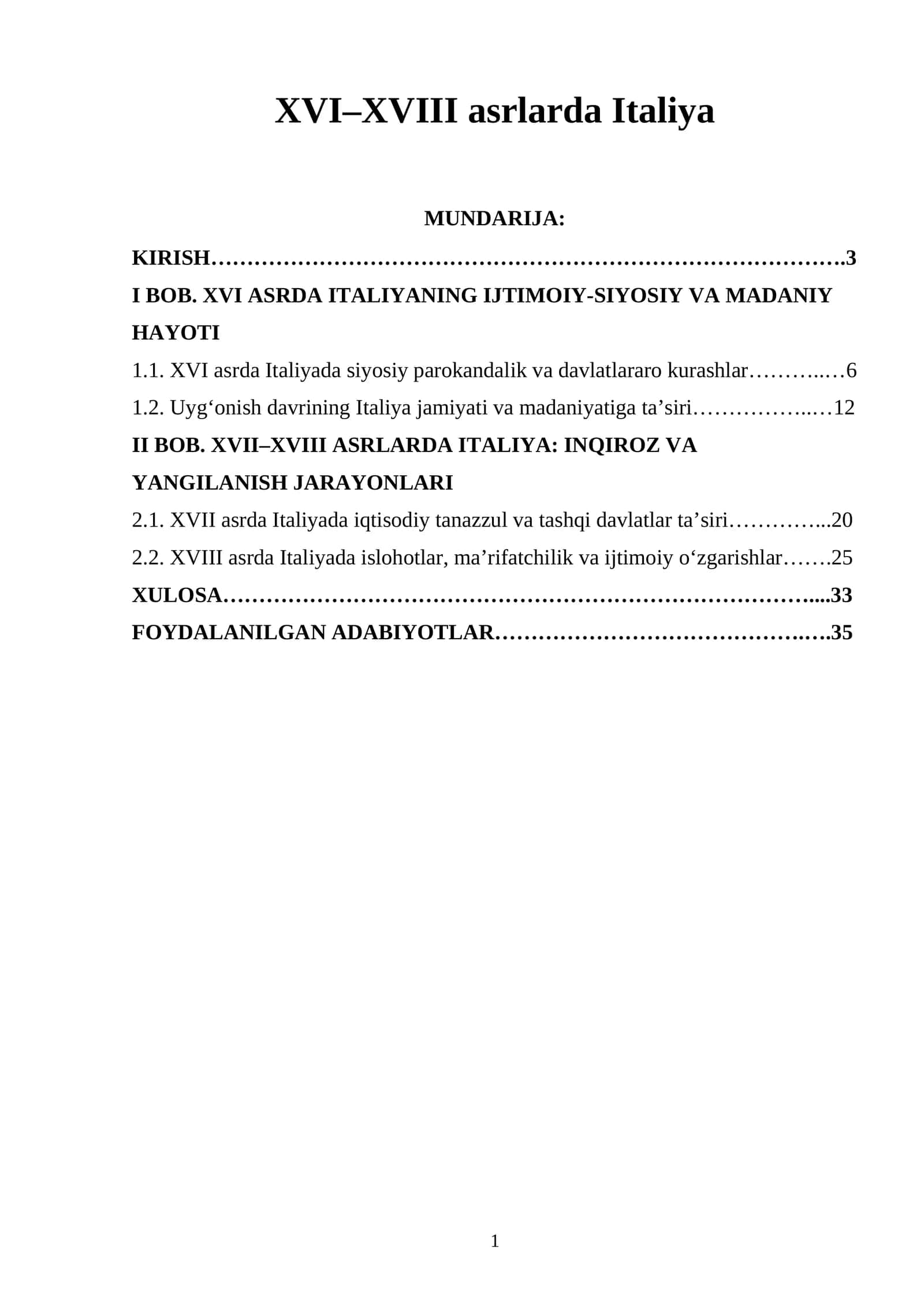 XVI–XVIII asrlarda Italiya 1
