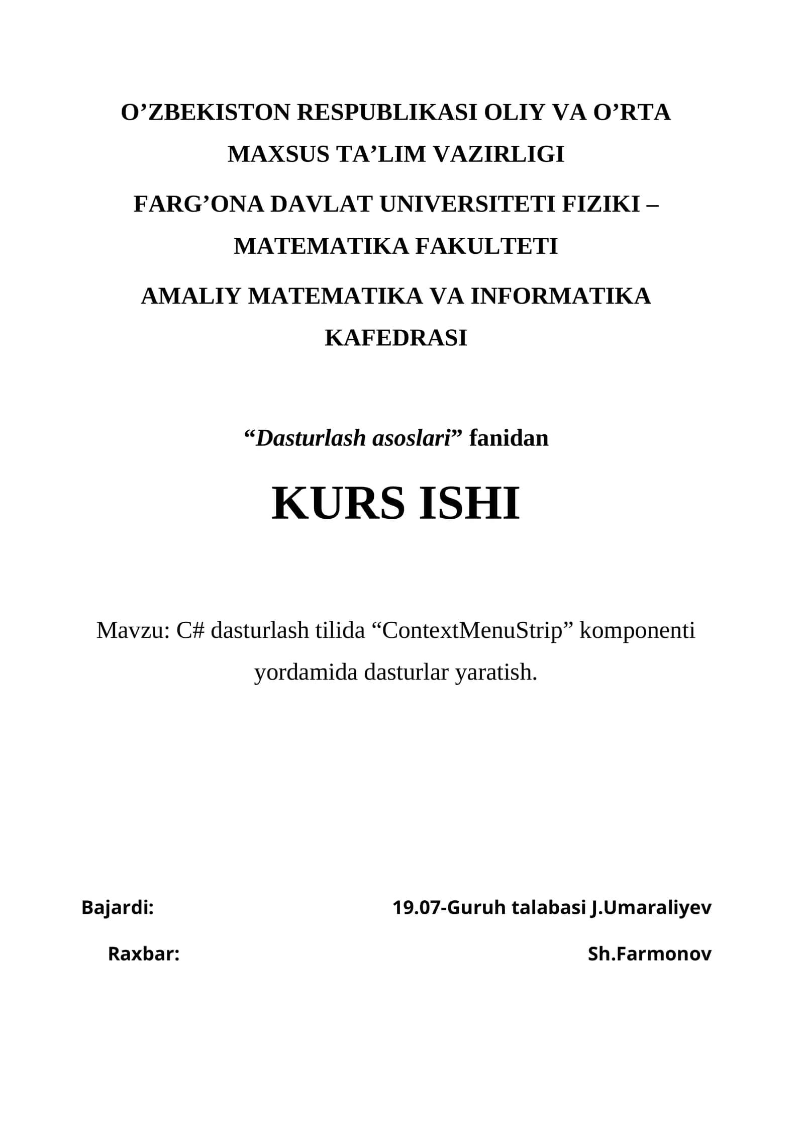 C# dasturlash tilida “ContextMenuStrip” komponenti yordamida dasturlar yaratish 1