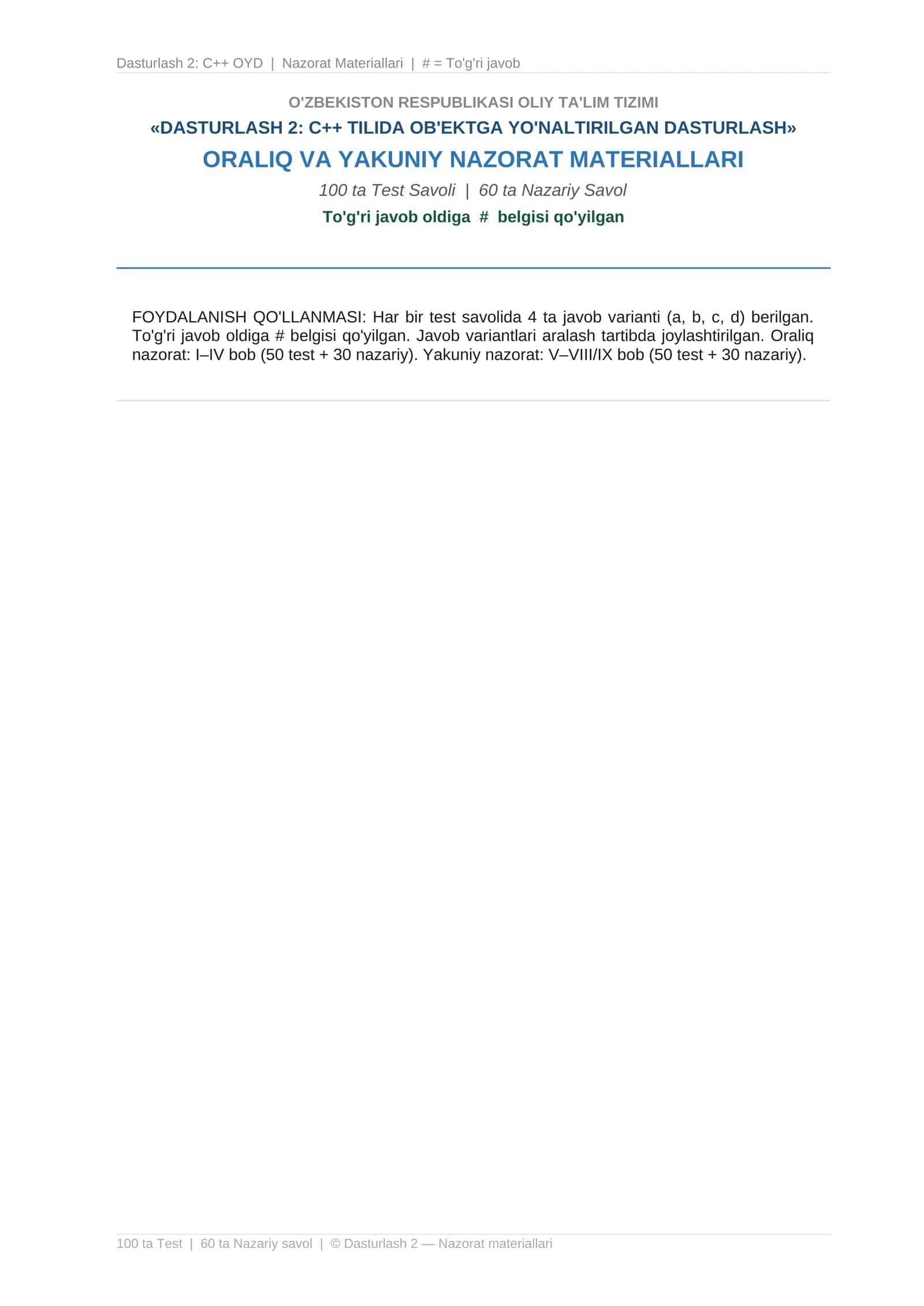 DASTURLASH 2: C++ TILIDA OB'EKTGA YO'NALTIRILGAN DASTURLASH 1