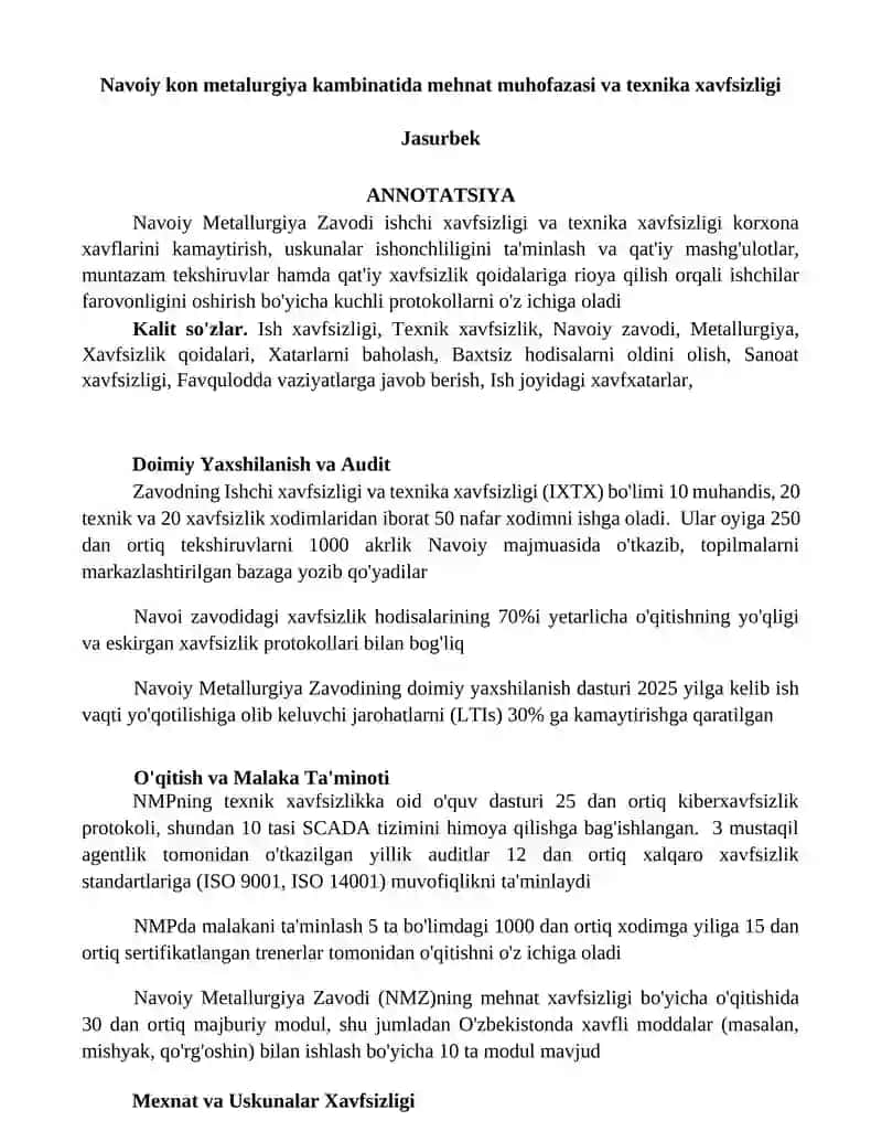 Navoiy kon metalurgiya kambinatida mehnat muhofazasi va texnika xavfsizligi