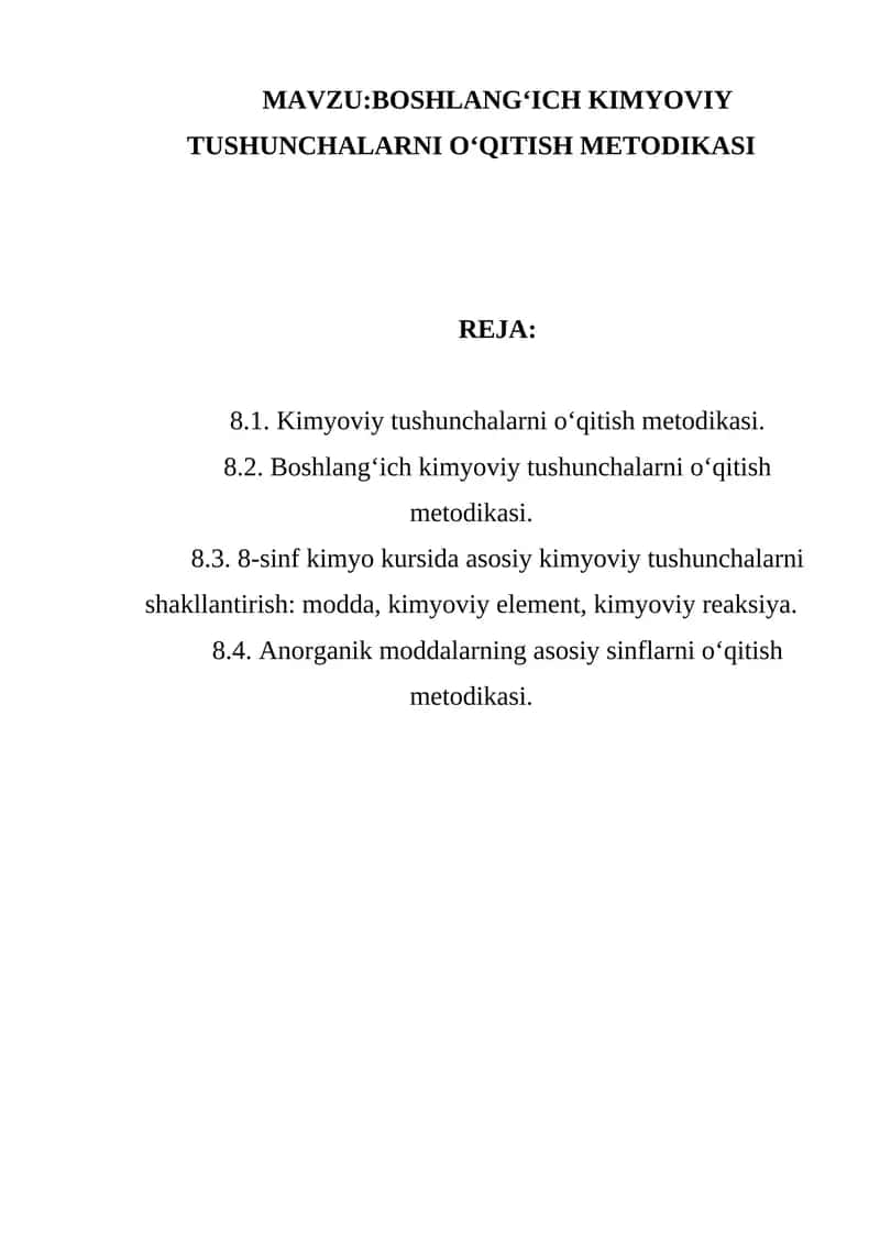 BOSHLANG‘ICH KIMYOVIY TUSHUNCHALARNI O‘QITISH METODIKASI 1
