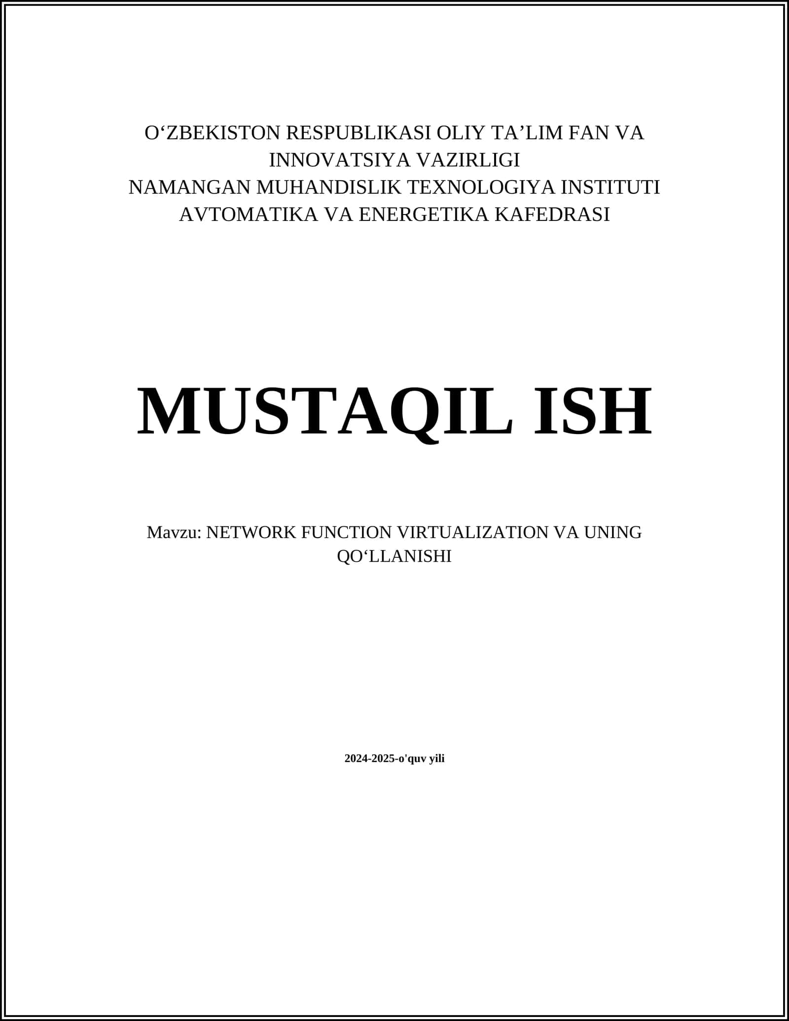 NETWORK FUNCTION VIRTUALIZATION VA UNING QOʻLLANISHI 1