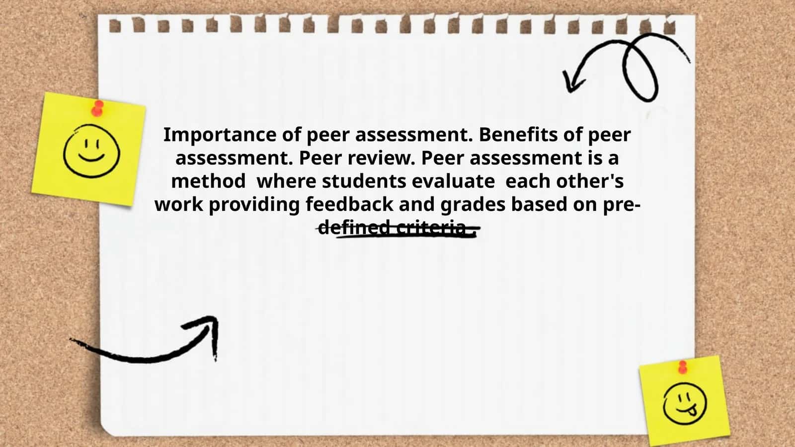 Importance of peer assessment. Benefits of peer assessment. Peer review. Peer assessment is a method  where students evaluate  each other's work providing feedback and grades based on pre-defined criteria . 1