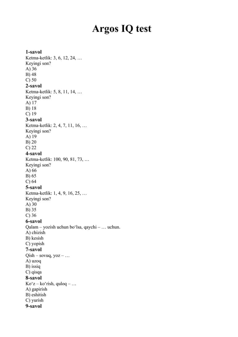 Argos IQ test 1
