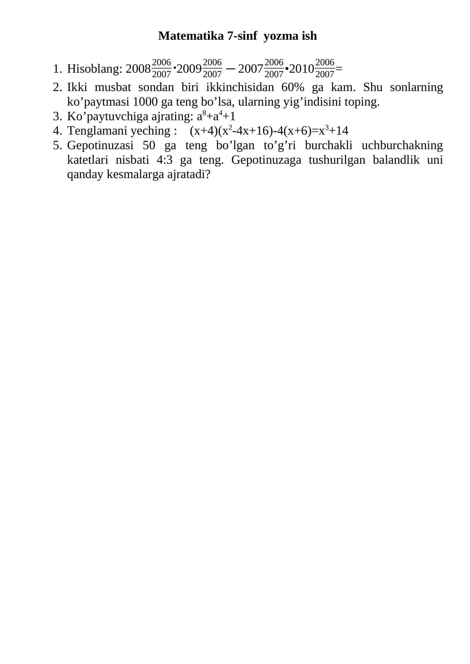 Matematika 7-sinf yozma ish 1