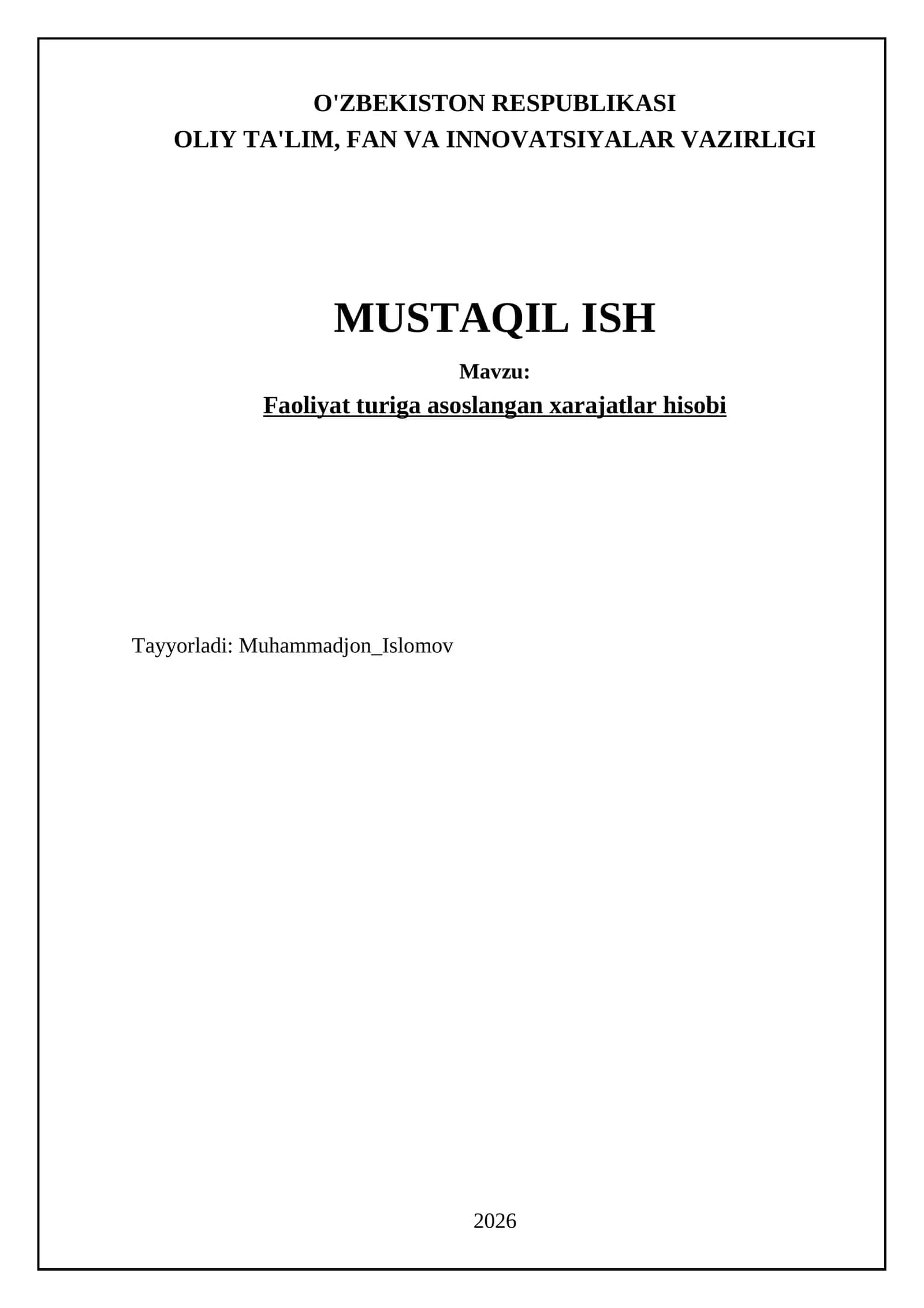 Faoliyat turiga asoslangan xarajatlar hisobi 1