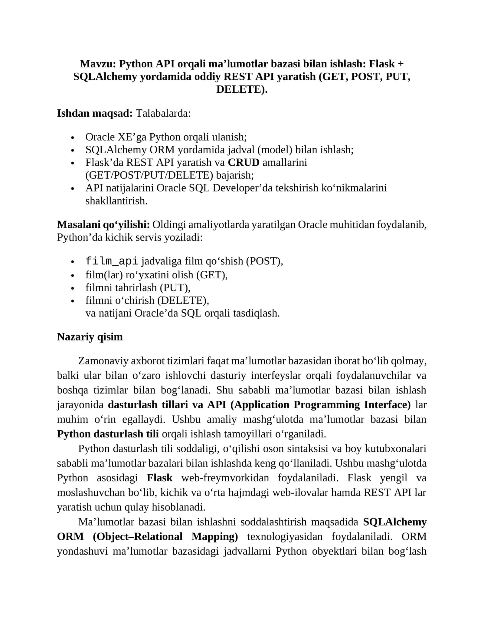 Python API orqali ma’lumotlar bazasi bilan ishlash: Flask + SQLAlchemy yordamida oddiy REST API yaratish (GET, POST, PUT, DELETE) 1