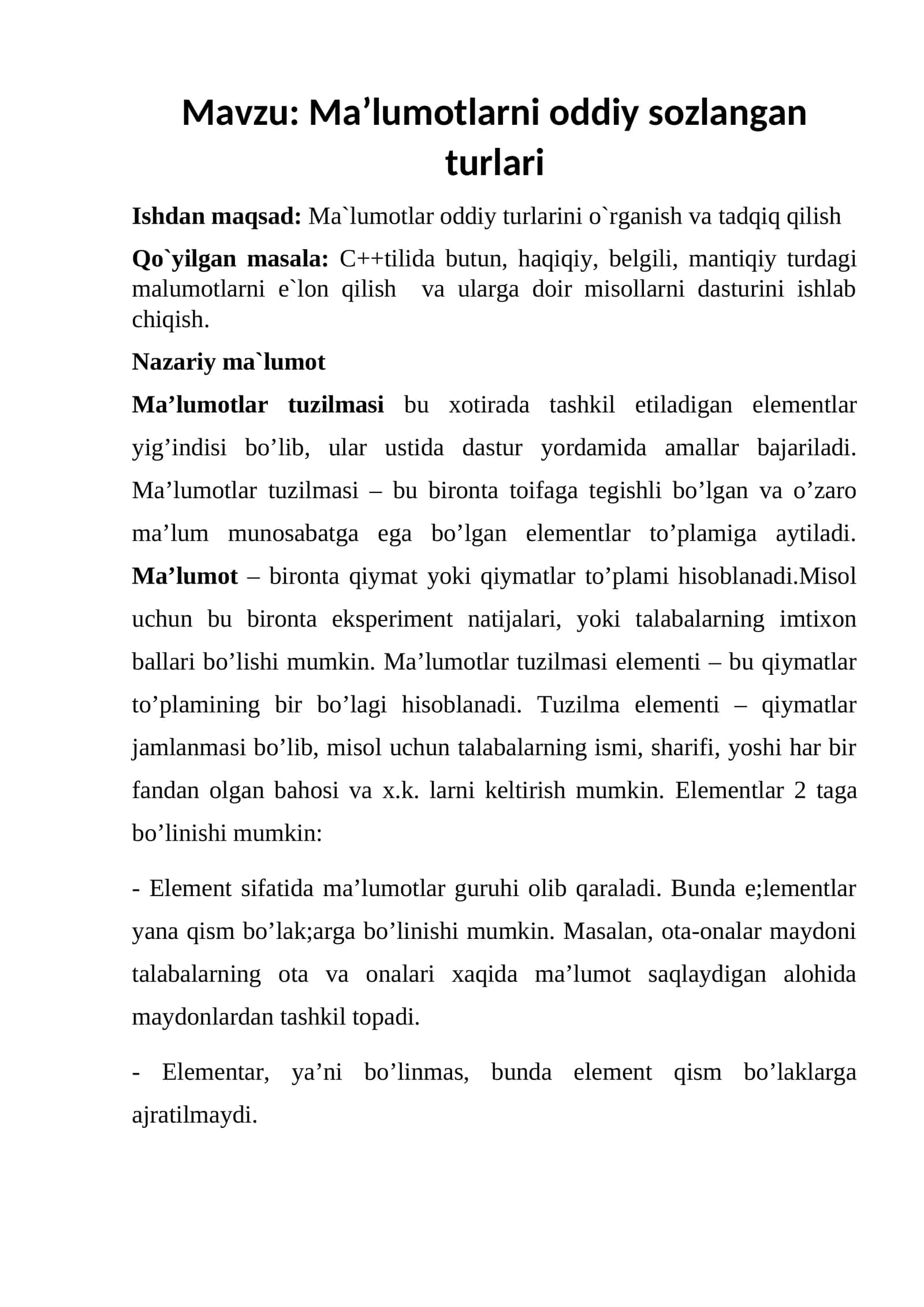 Ma’lumotlarni oddiy sozlangan turlari 1