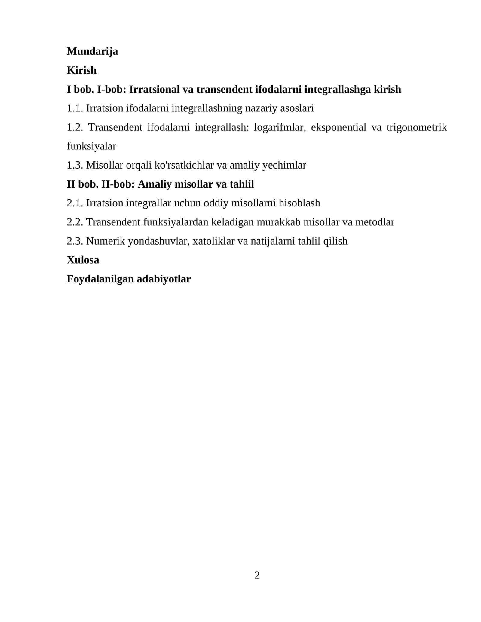 Irratsional va transendent ifodalarni integrallashga (KURS ISHI) 1
