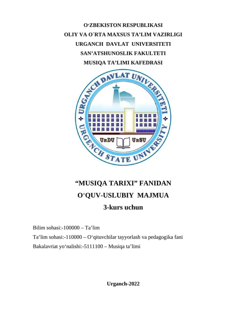 "MUSIQA TARIXI" FANIDAN O‘QUV-USLUBIY MAJMUA 1