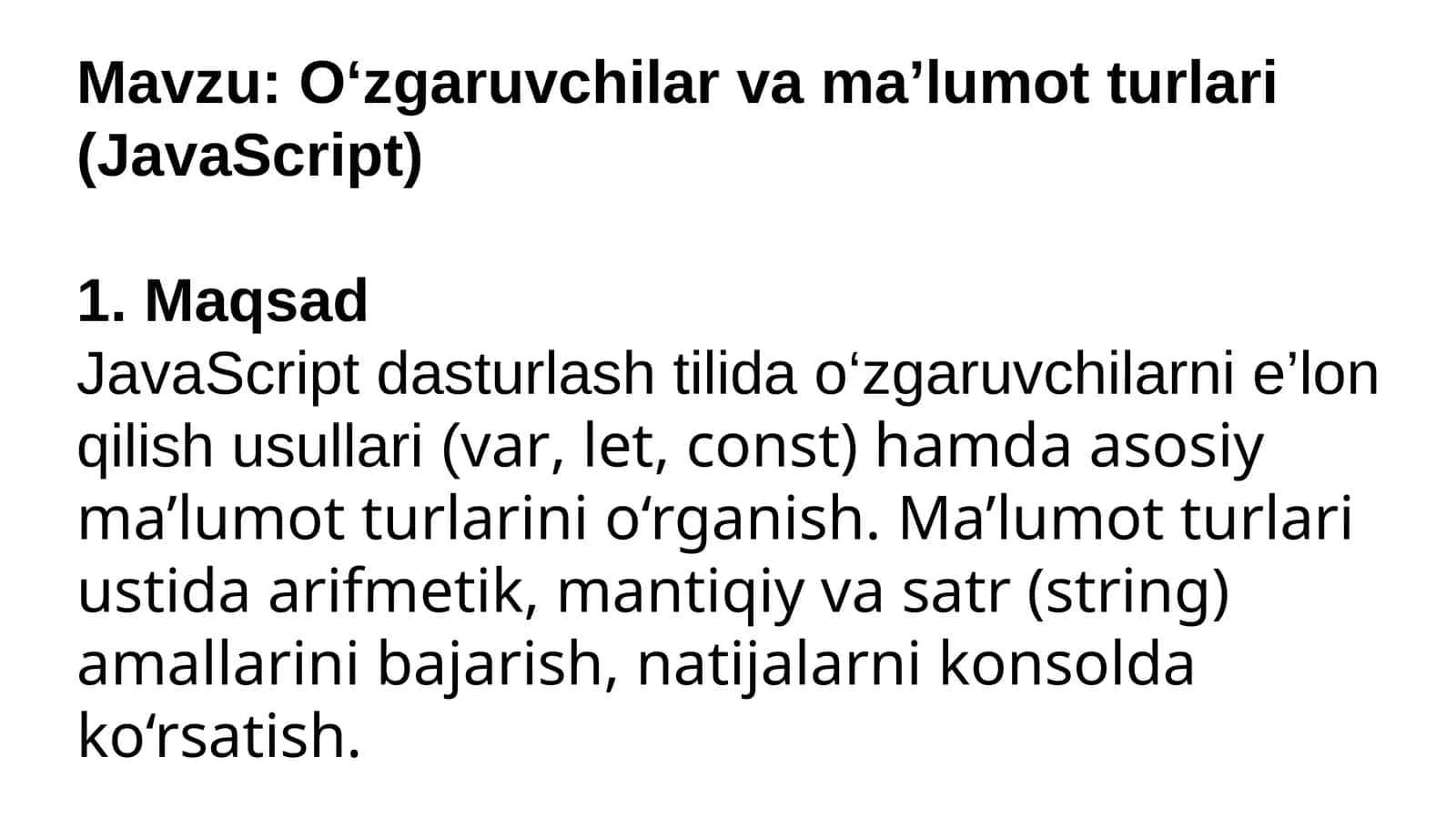 O‘zgaruvchilar va ma’lumot turlari (JavaScript) 1