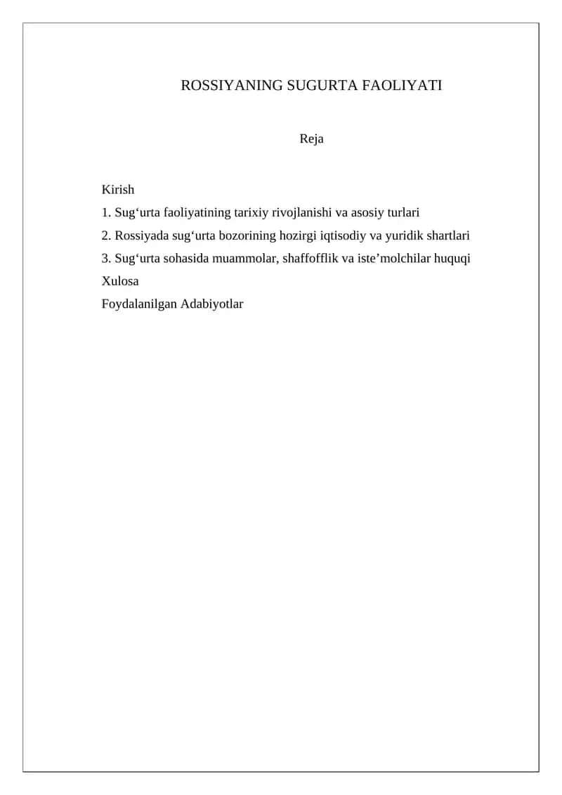 Rossiyaning Sug‘urta Faoliyati 1