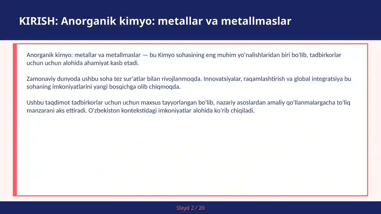 Anorganik kimyo: metallar va metallmaslar 2