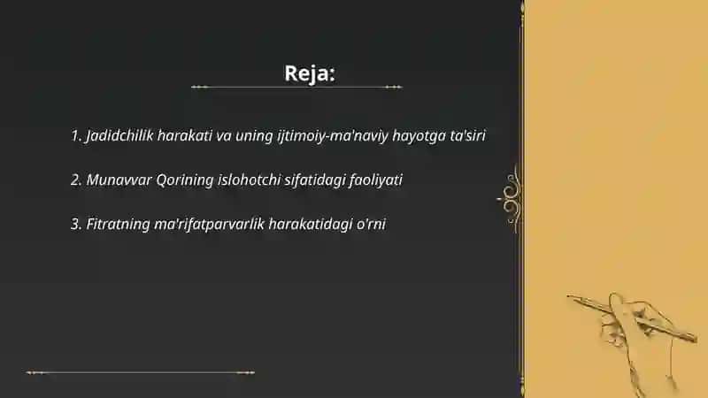 Jadid ma'rifatparvarlarining o'lka ijtimoiy-ma'naviy hayotida tutgan o'rni (Munavvar Qori,Fitrat,Behbudiy,Avloniy, va boshqa) 2