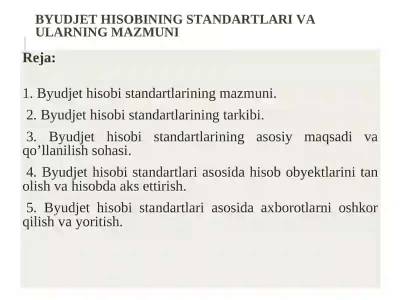 BYUDJET HISOBINING STANDARTLARI VA ULARNING MAZMUNI 2