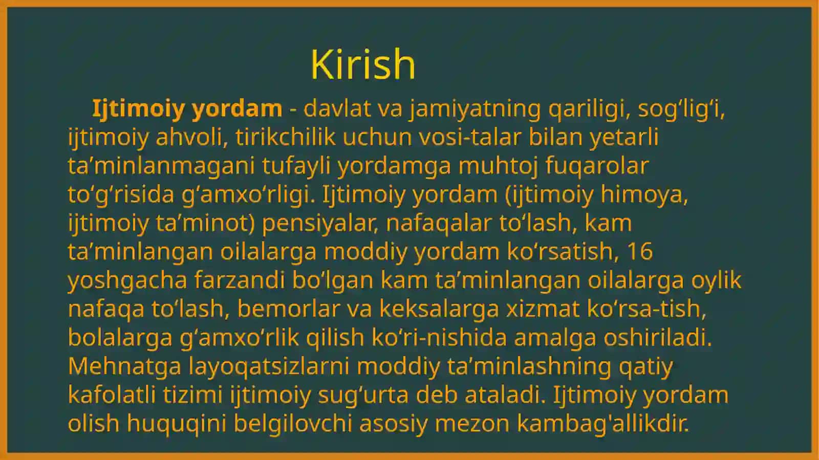 Ijtimoiy yordamning asosiy turlari(kompensatsion toʻlov subsidiya haqida). 2