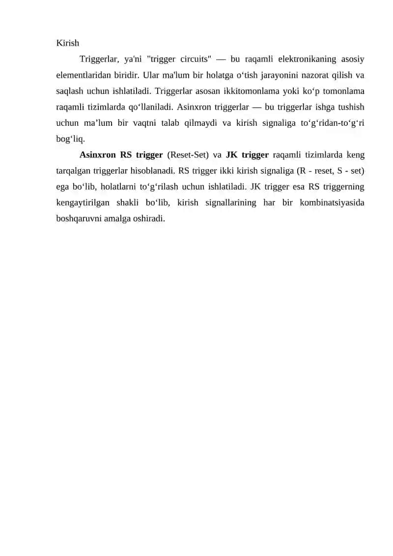 Asinxron RS va JK Triggerlarning ishlash tamoyili 2