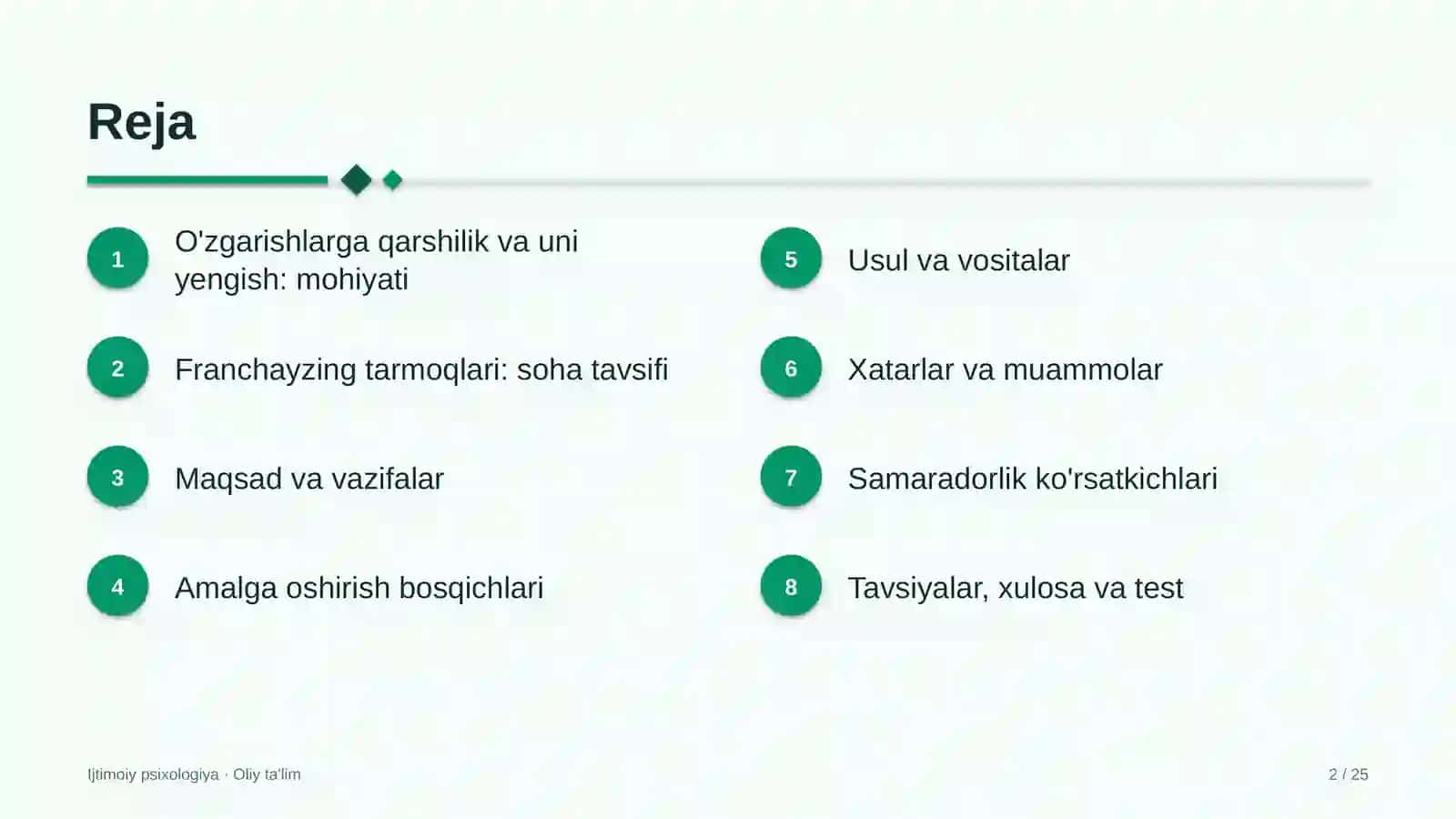 Franchayzing tarmoqlarida o'zgarishlarga qarshilik va uni yengish 2