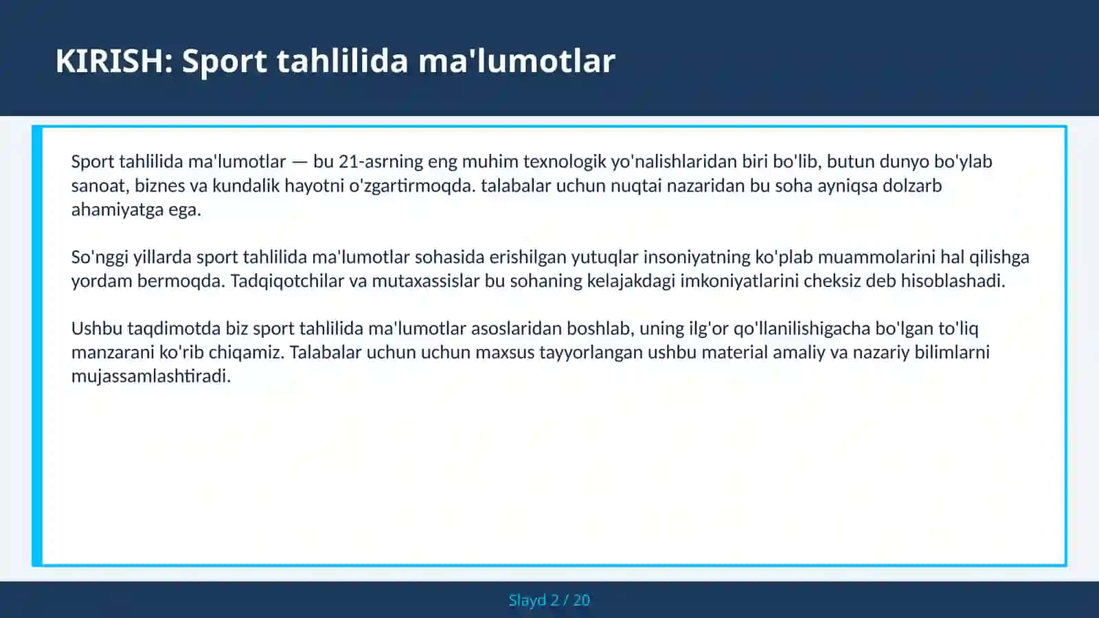 SPORT TAHLILIDA MA'LUMOTLAR 2